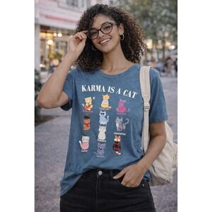 Karma Is A Cat T-Shirt Womens L Blue Tee Taylor Swift Fearless Reputation 1989 I